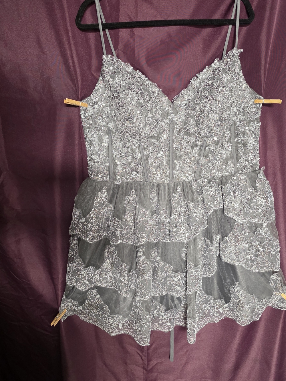 Gray lace formal prom bridesmaid babydoll dress with silver floral embroidery.